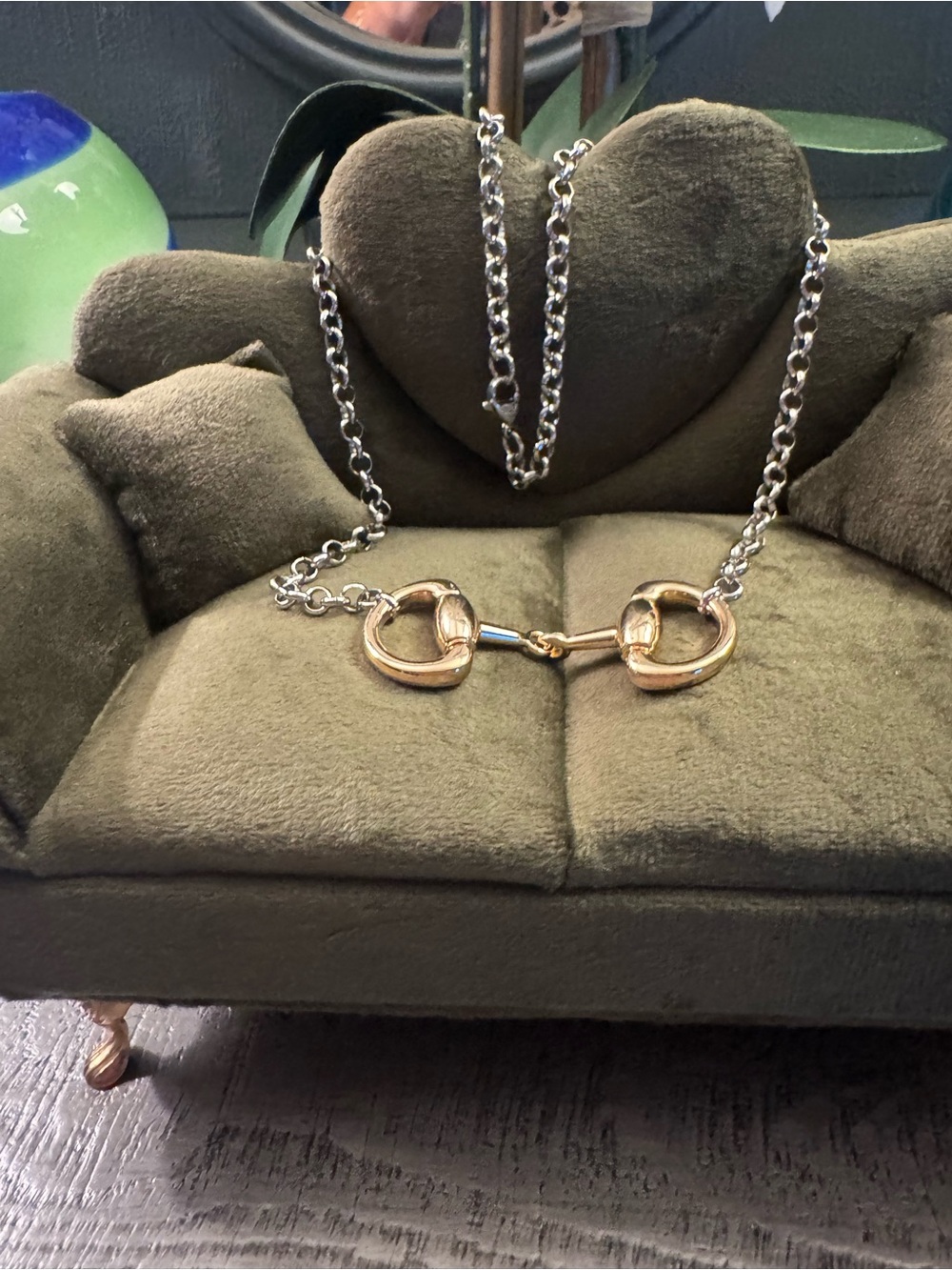 Two Toned Horsebit Chain Necklace in Gold and Silver Tones with Dust Bag